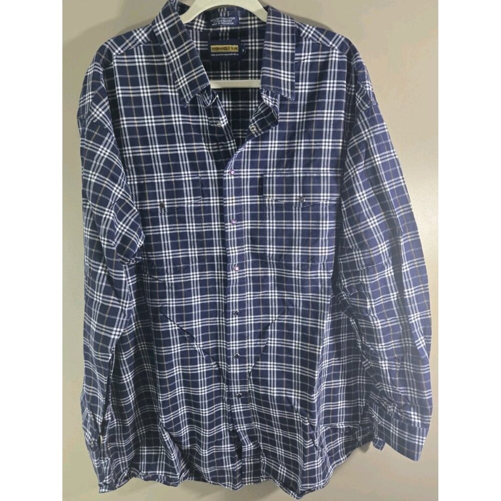 Vtg Panhandle Slim 100% Cotton Pearl Snap Blue Plaid Long Sleeve Button Down